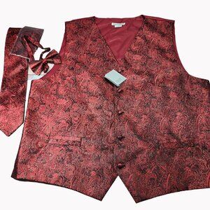 NEW Daniel Ellissa Men's 2XL Red Foil Paisley Vest Tie & Pocket Square Set
